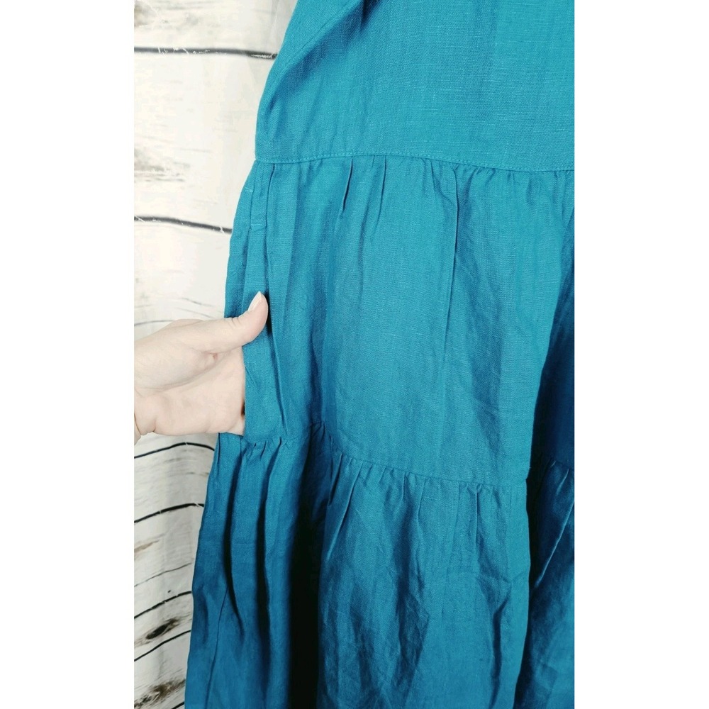 Chico's Teal Beaded Linen Tiered Dress 2 Womens US 12 Midi Ruffle Short Sleeves - Picture 5 of 8